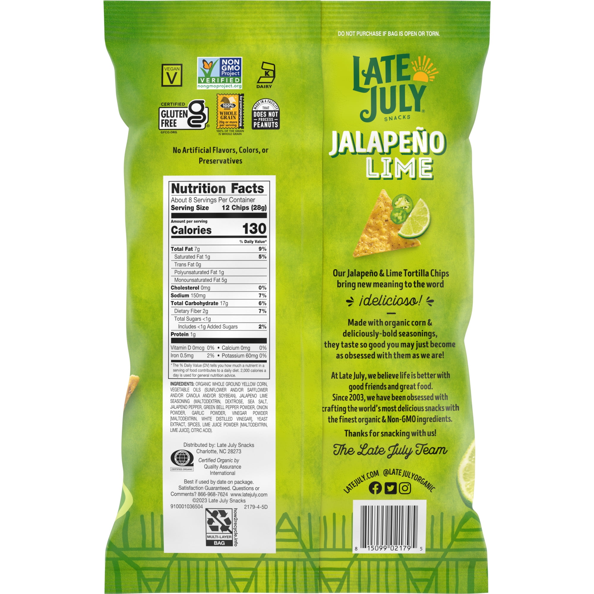 (2 pack) Late July Snacks Jalapeno Lime Tortilla Chips, 7.8 oz Bag