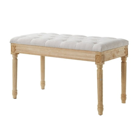 Tufted Upholstered Ottoman Bench, 16 Inch Wide Entryway Bench with Foam Cushion, Rubberwood Legs Footrest Stool for Living Room, Bedroom, Hallway, Beige