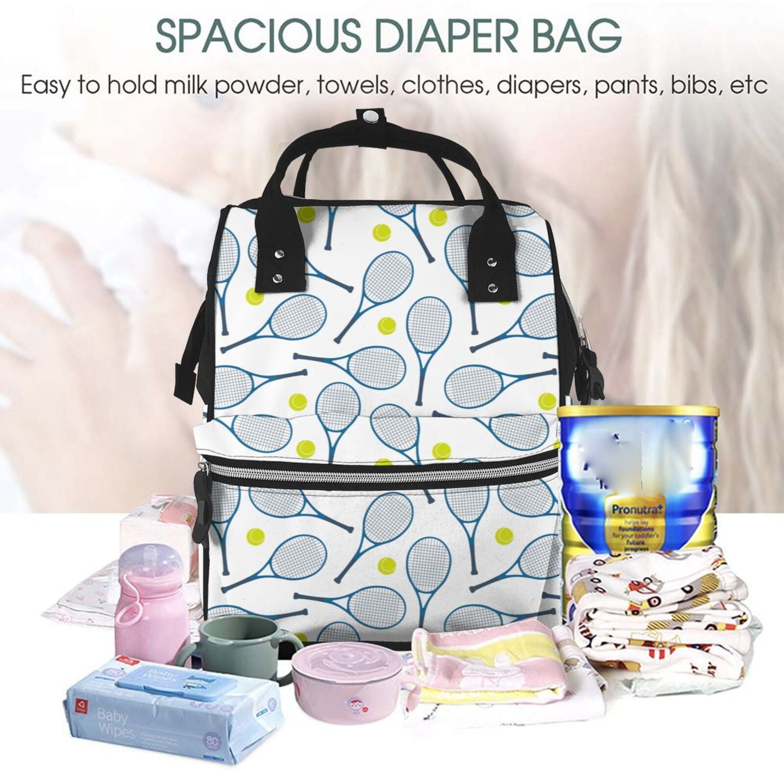 Fuzoiu Tennis Rackets And Balls Print Diaper Bag Backpack,Baby Essentials Travel Tote,Multi function Waterproof Diaper Bag, Travel Essentials Baby Bag - Unisex