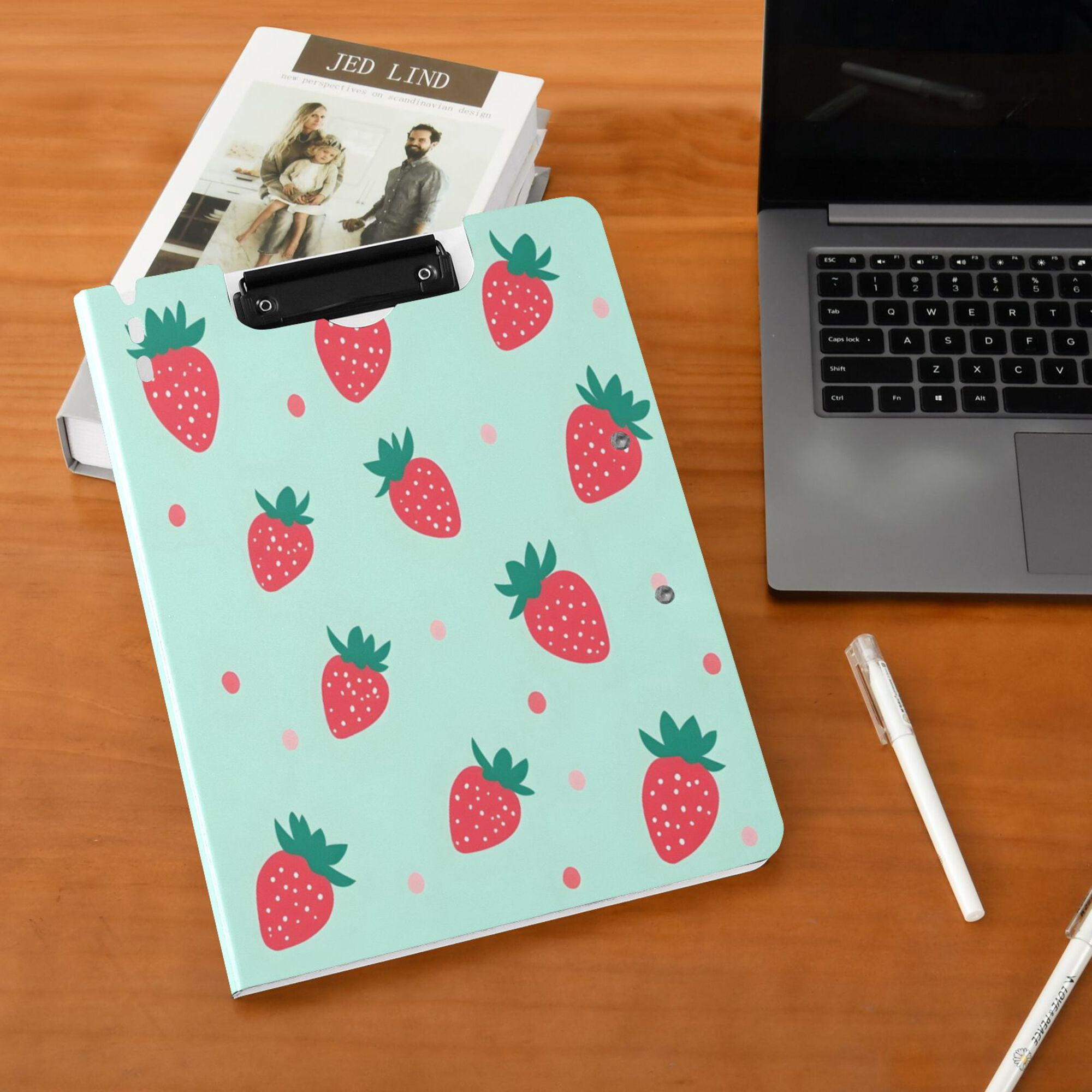 FORMRS A4 Clipboard Folder with Pen Holder Horizontal Foldable School Office Binder, Green Strawberry