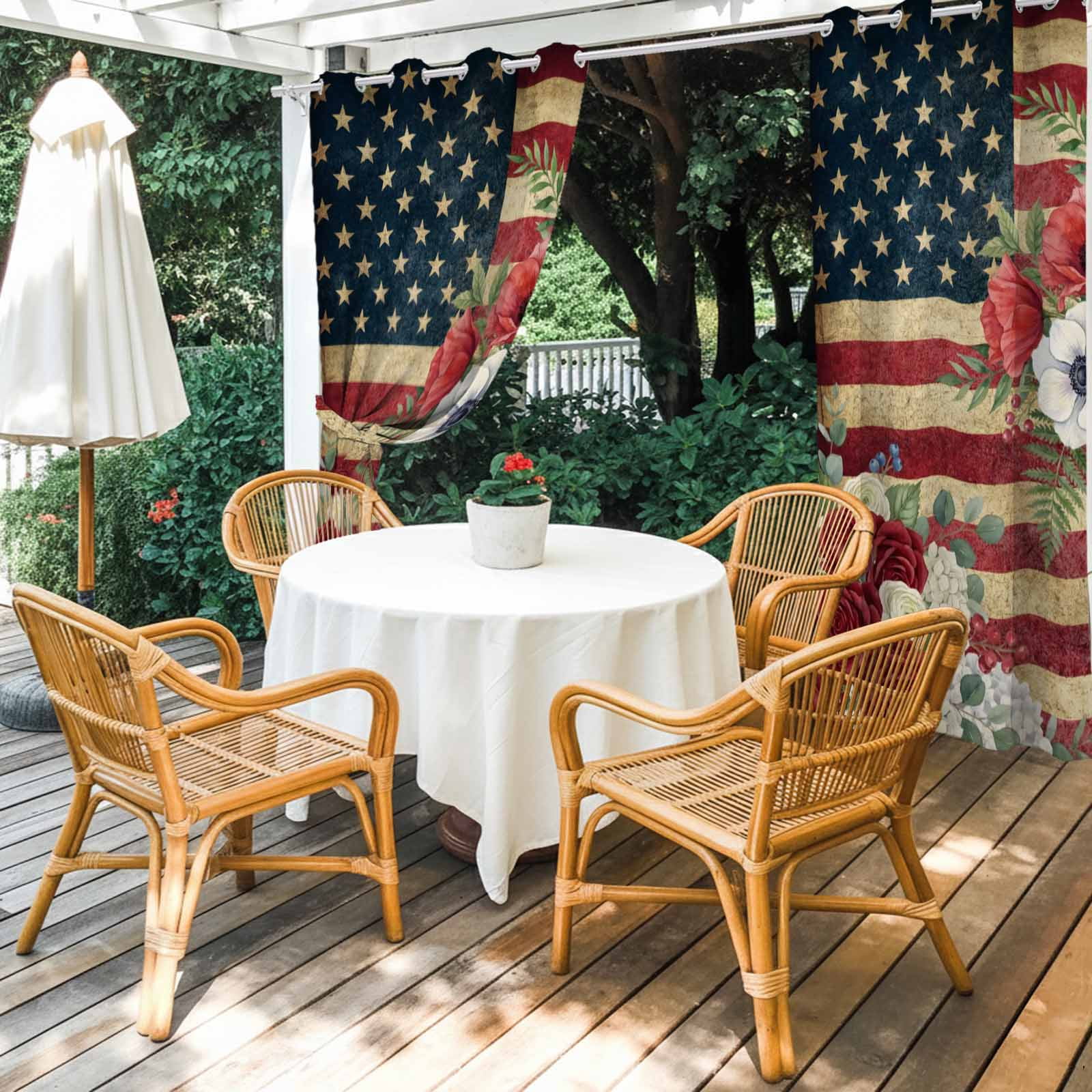 4th of July Outdoor Curtains for Patio, Patriotic USA Flag Stars Red Flowers Leaf Rustic Sunshade Privacy Drapes Grommet Waterproof Outside Curtains for Porch/Cabana/Balcony 54"x 108", 1 Panel