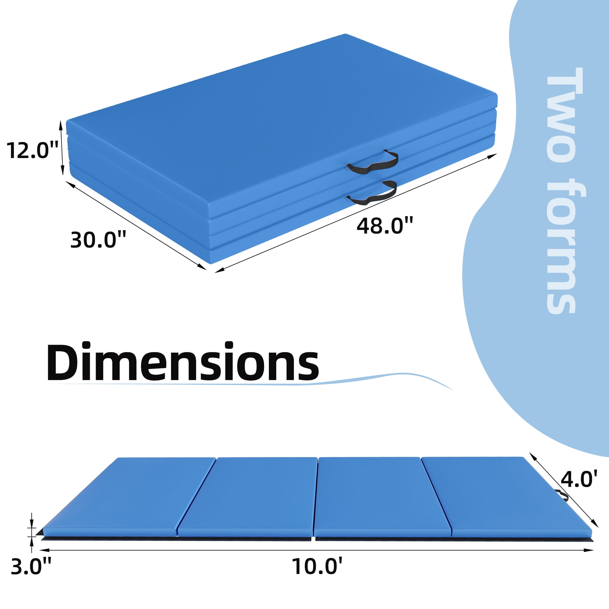 Signature Fitness 4ft x 10ft x 3in Folding Gymnastics Mat, 4-Panel Extra Thick Exercise Mat with Handles, PVC Leather + EPE Foam, Multiple Colors