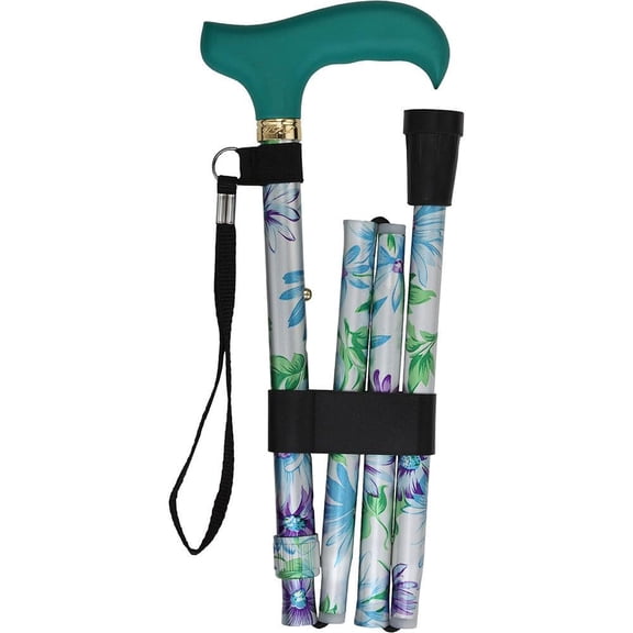 Royal RC Canes Adjustable Designer Folding Walking Cane – Floral Pattern Aluminum Shaft with Teal Wooden Derby Handle – Compact Foldable Walking Stick for Men and Women