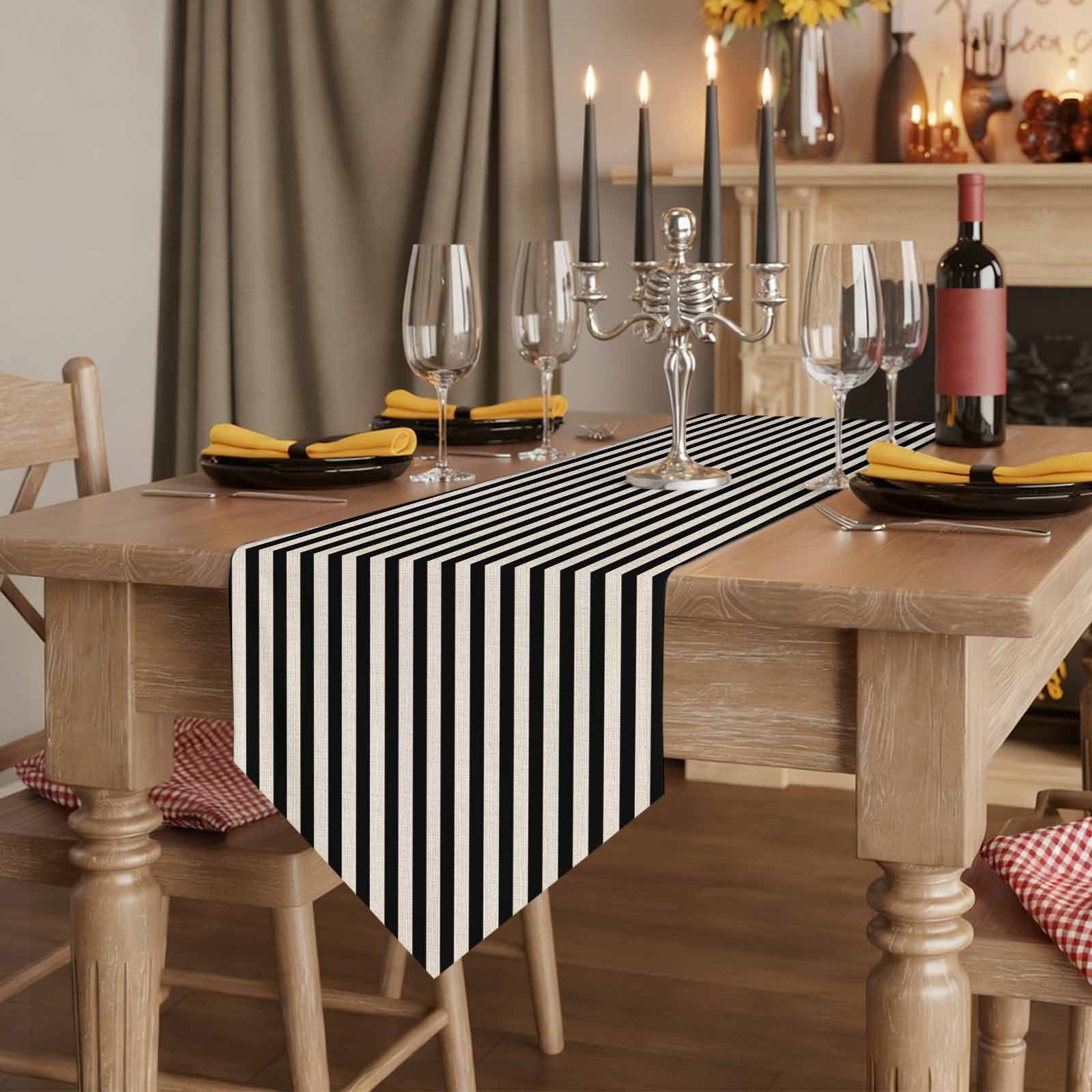 Black Striped Table Runner Linen Burlap Table Runner 90 Inches Long Modern Simple Farmhouse Beige Vintage Dresser Scarves for Kitchen Island Coffee Dining Room Party Wedding Holiday Decor 13"x90"