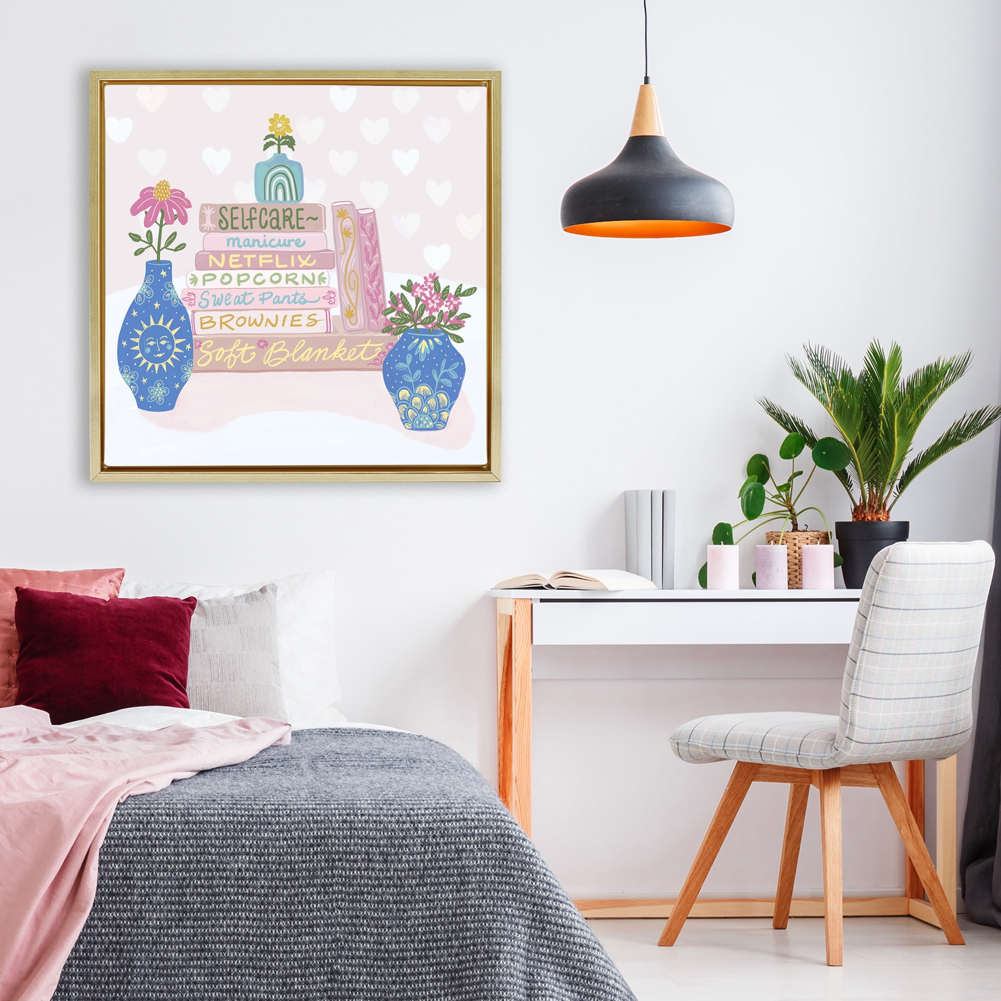 Stupell Industries Cozy Boho Self Care Books Gold Framed Floater Canvas Wall Art, design by Connie Summers