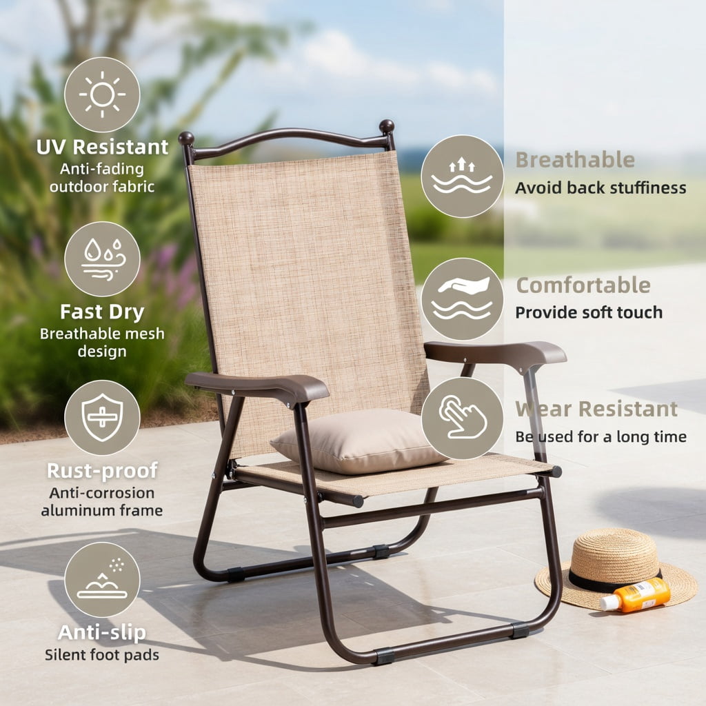 Hommoo 2-Pack Foldable Patio Lounge Chairs, Outdoor Sling Back Deck & Camping Chairs, Steel Frame, UV-Resistant Textile Fabric, Compact Storage Design, Beige