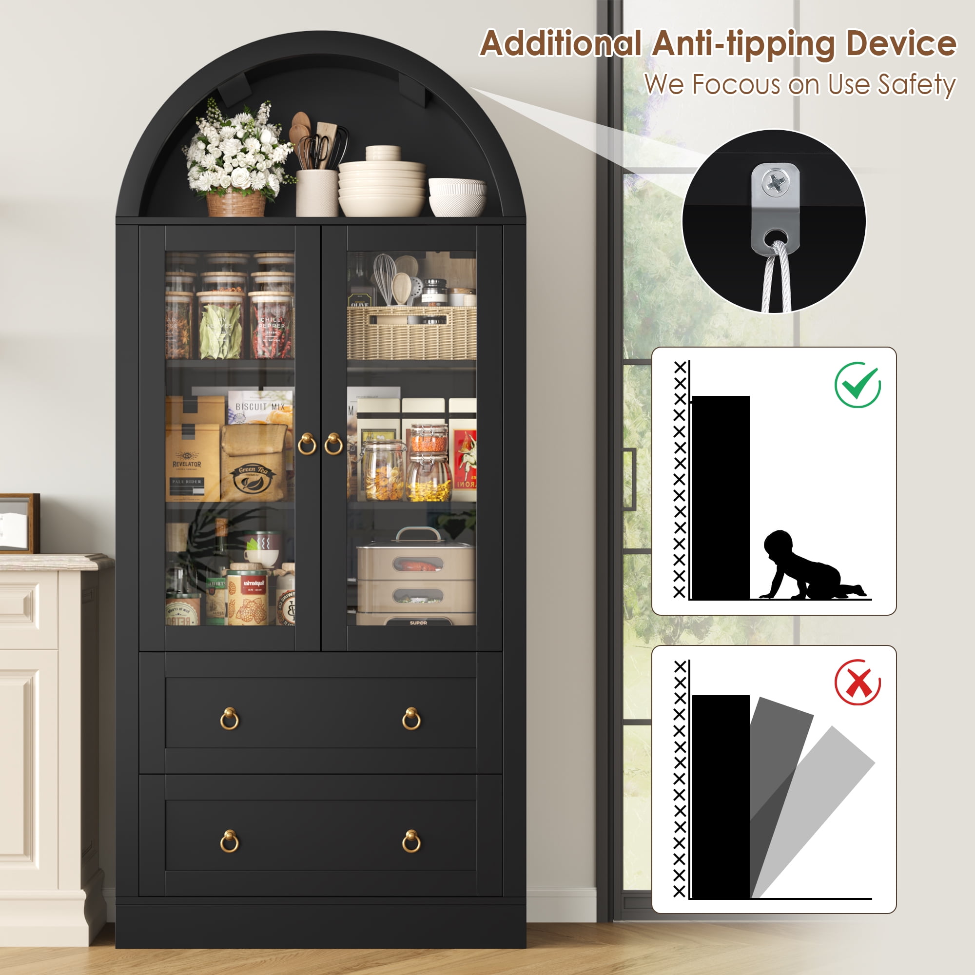 Hiphuta 70" Tall Arched Kitchen Pantry Storage Cabinet with Glass Doors, Freestanding Modern Farmhouse Hutch Cupboard with 2 Large Drawers, for Kitchen Dining Room, Black