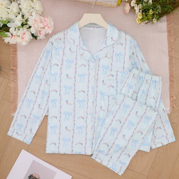 HOWPAY Valentines Pajamas for Women Set Cute Bow Print Long Sleeve Button down Shirts and Pants Sleepwear Causal Comfy 2 Piece Lounge Set Light Blue L