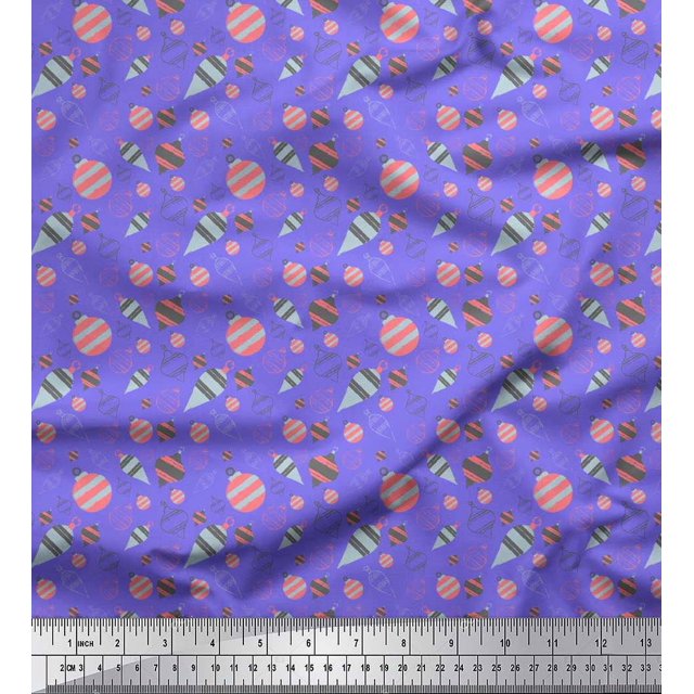 Soimoi Purple Rayon Crepe Fabric Baubles Christmas Printed Fabric 1 Yard 46 Inch Wide