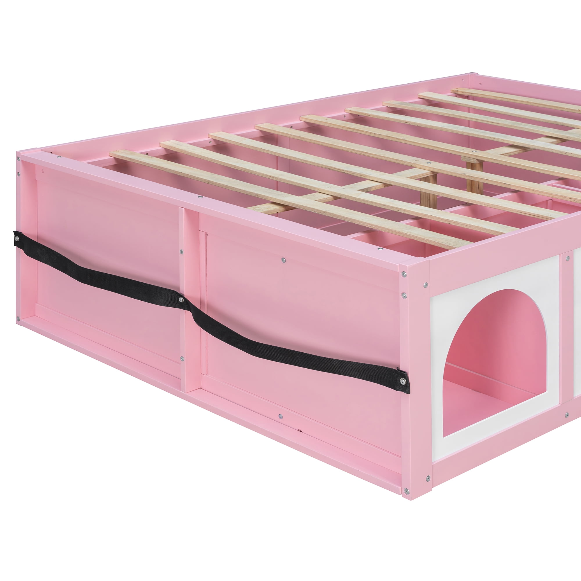Mintazer Full Platform Bed with Bookshelf and 3 Open Cubbies & Drawer, Wooden Bed Frame with LED Light for Kids Bedroom, Pink & White