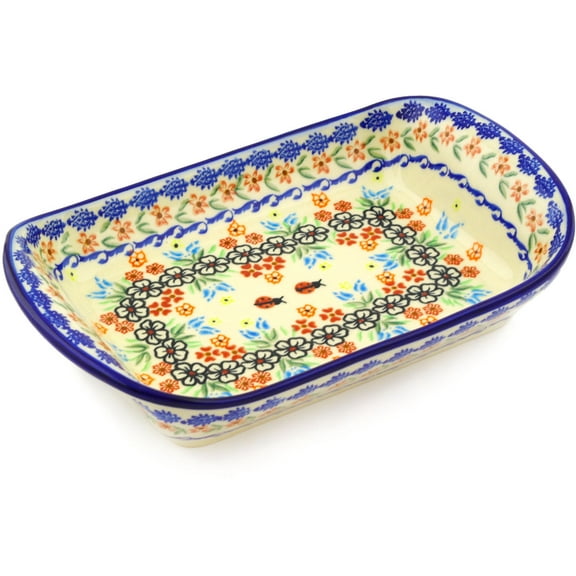 Polish Pottery 11-inch Platter with Handles (Fanciful Ladybug Theme) Signature UNIKAT Hand Painted in Poland   Certificate of Authenticity