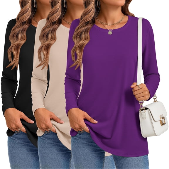 MOSHU 3 Pack T Shirts for Women Crew Neck Long Sleeve Womens shirts Casual Loose Fit Fall Tops