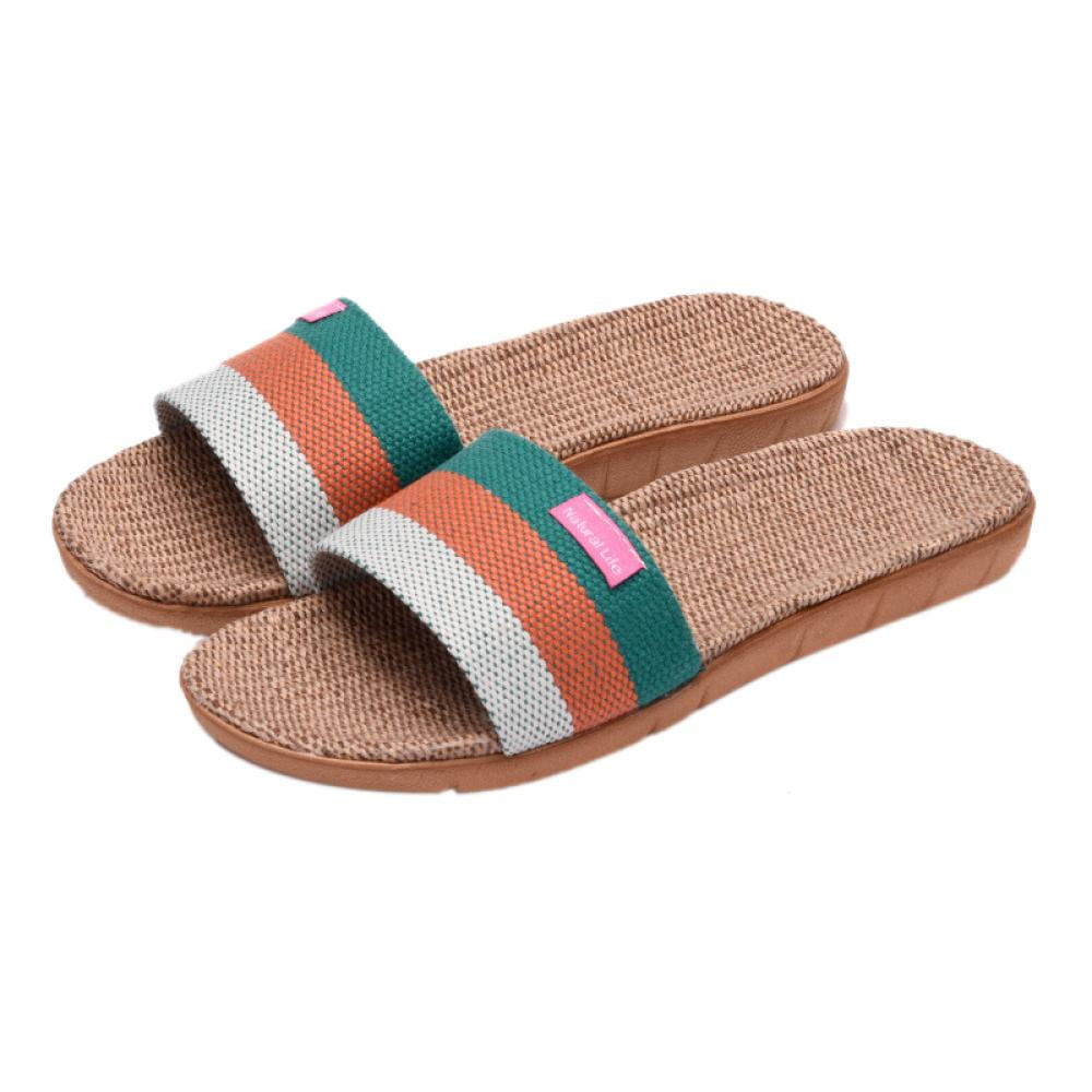 Summer Flax Slippers Rainbow Color Flip Flops Women Men Linen Indoor Floor Shoes Casual Flat Sandals
