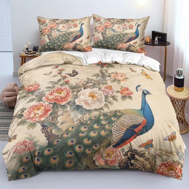 Funda nórdica Queen Juego de cama de plumas de pavo real Rojo Flor Animal Tema Edredón