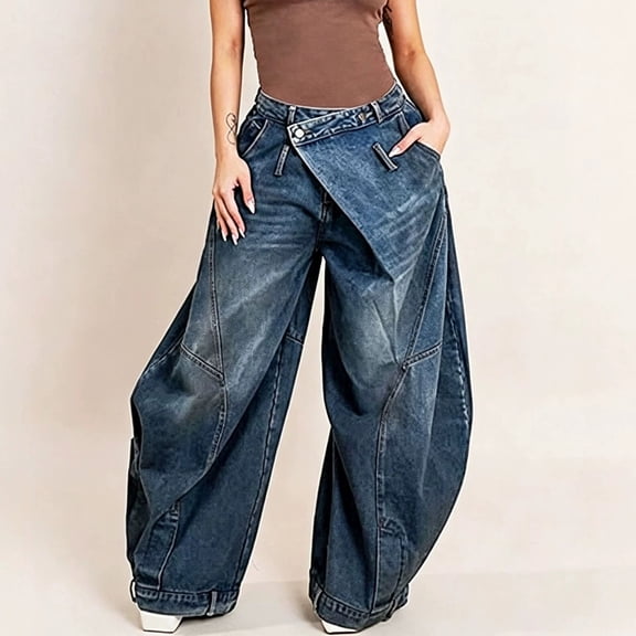Women's Baggy Denim Jeans Criss Cross High Waisted Wide Leg Pants Asymmetrical Y2K Streetwear Flattering Relaxed Fit Casual Vintage Trousers with Pockets