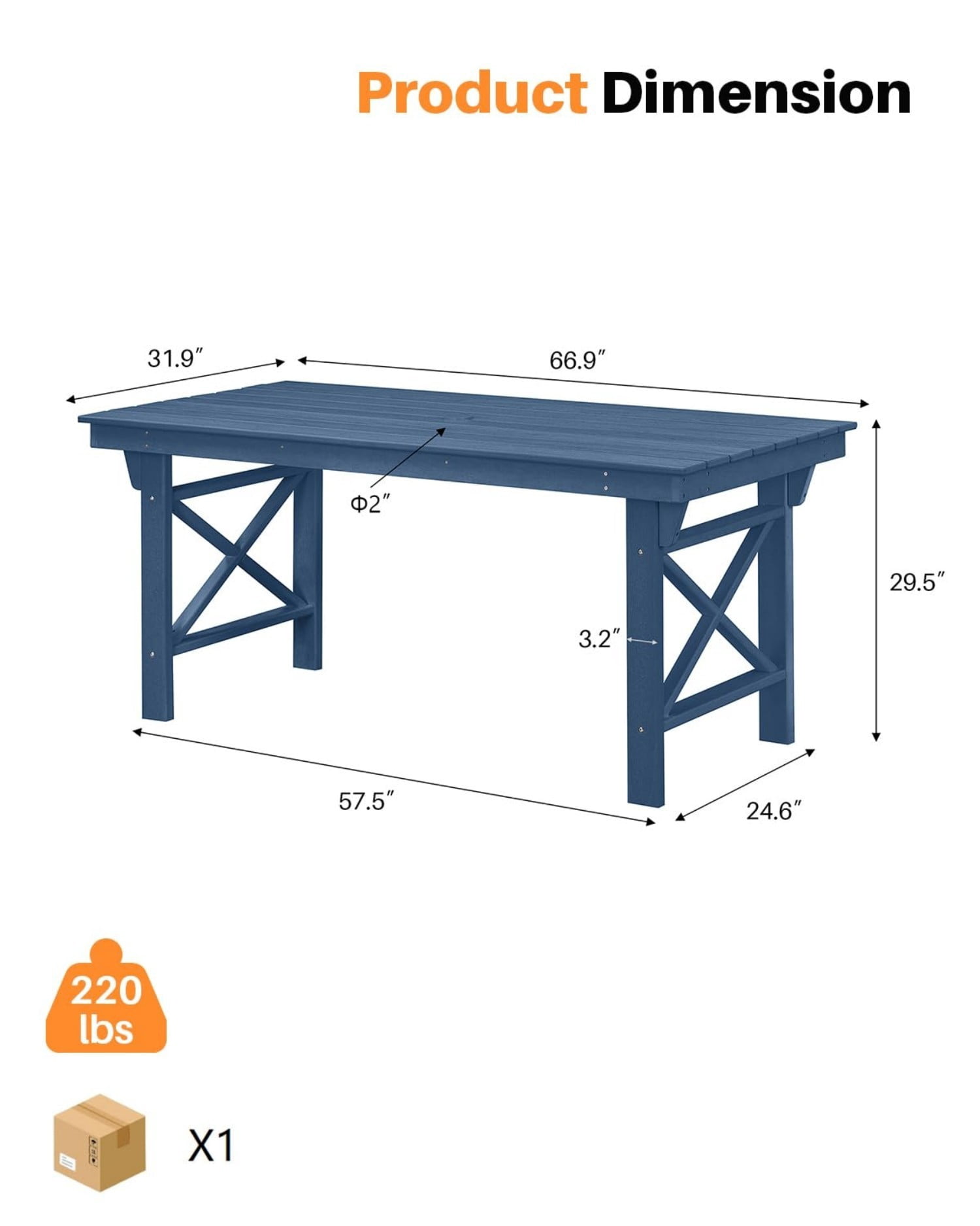 HDPE Outdoor Dining Table for 6, 66.9" Rectangular Patio Dining Table with 2.2" Umbrella Hole, All-Weather Outdoor Table for Backyard, Deck, Garden, Poolside, Navy