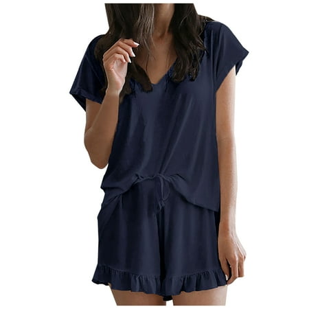 

Womens 2 Pieces Pajamas Sets Solid Short Sleeve V-Neck Tops Ruffle Loose Shorts with Pockets PJs Sets Loungewear