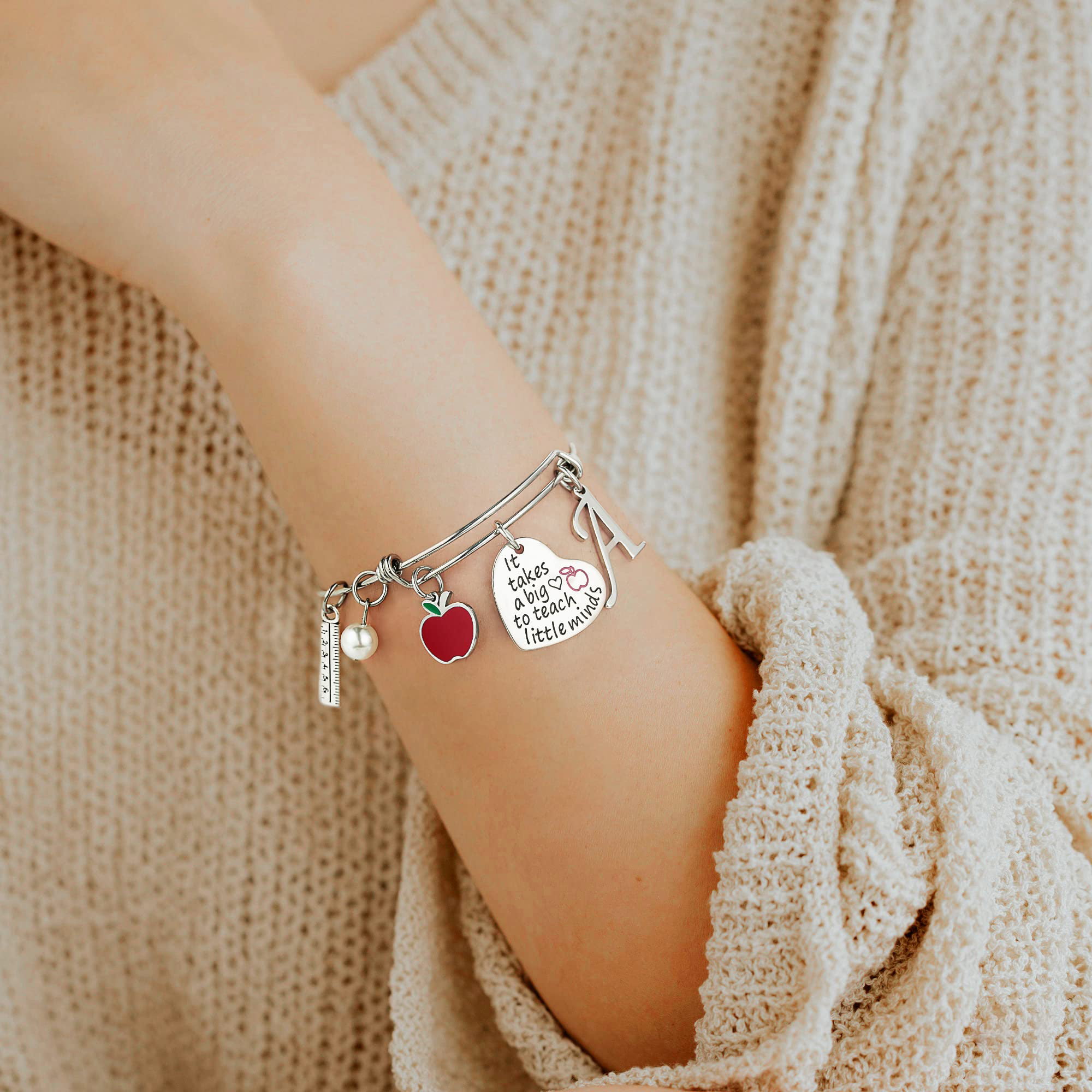 Charm Stainless Steel Bracelet Bangle With Heart Red Apple Pendant Thank  You Teacher Bracelet For Teacher's Day Gifts Jewelry