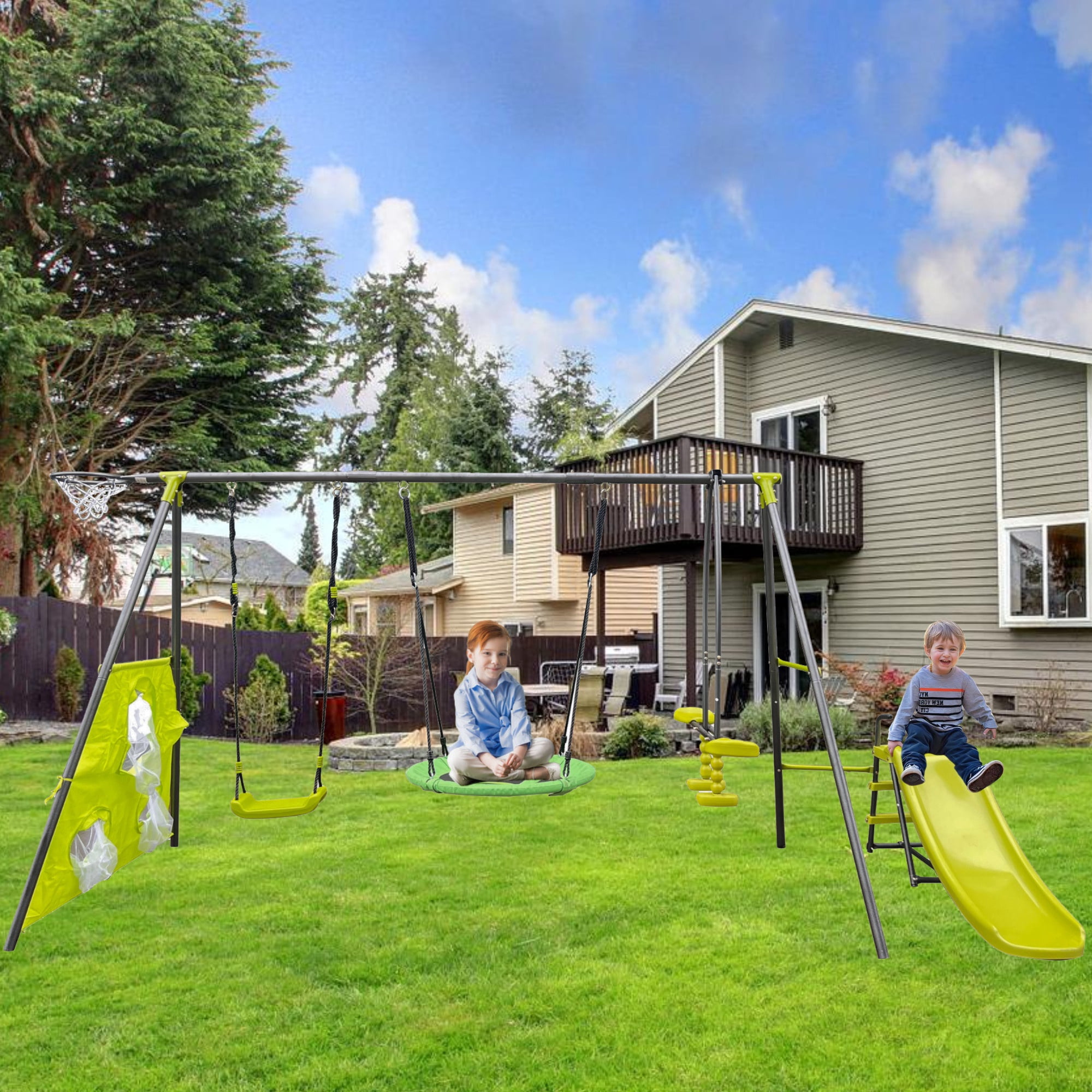 5 in 1 Outdoor Metal Swing Set with Seesaw Swing, Playground Swing Sets with Heavy-Duty A-Frame Metal Outdoor Stand, Swing Slide Playset for Kids with Basketball Hoop