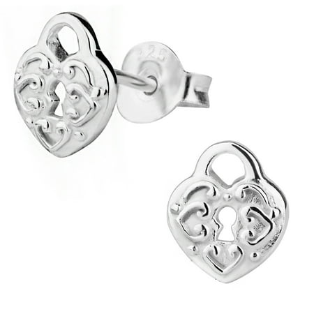 Hypoallergenic Sterling Silver Engraved Heart Lock Stud Earrings For Hypoallergenic Sterling Silver Engraved Heart Lock Stud Earrings For Kids Nickel Free