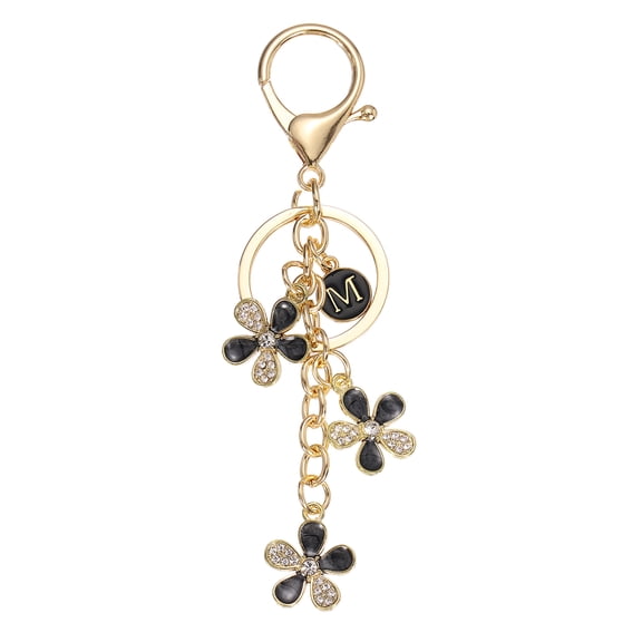 UxcellInitial Letter Flower Keychain, Cute Alphabet M Cherry Blossom Rhinestone Keyring for Women Girls Purse Backpack Handbag Charm Bling Sparkly Keychain, Black