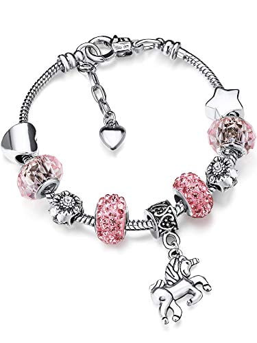 Unicorn Sparkly Crystal Charm Bracelet Bangle with Gift Box Set for Girl Lady 