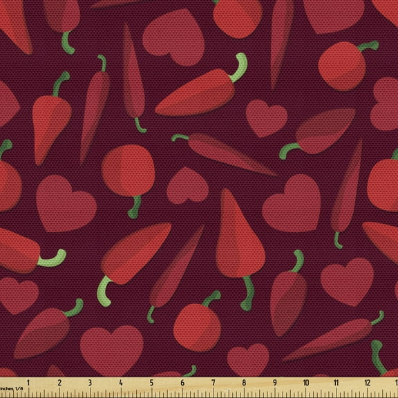 Peppers Fabric by the Yard Upholstery, Hearts Peppers and Tomatoes Valentines Day Food Theme Romantic Meal Elements, Decorative Fabric for DIY and Home Accents, 10 Yards, Ruby and Green by Ambesonne