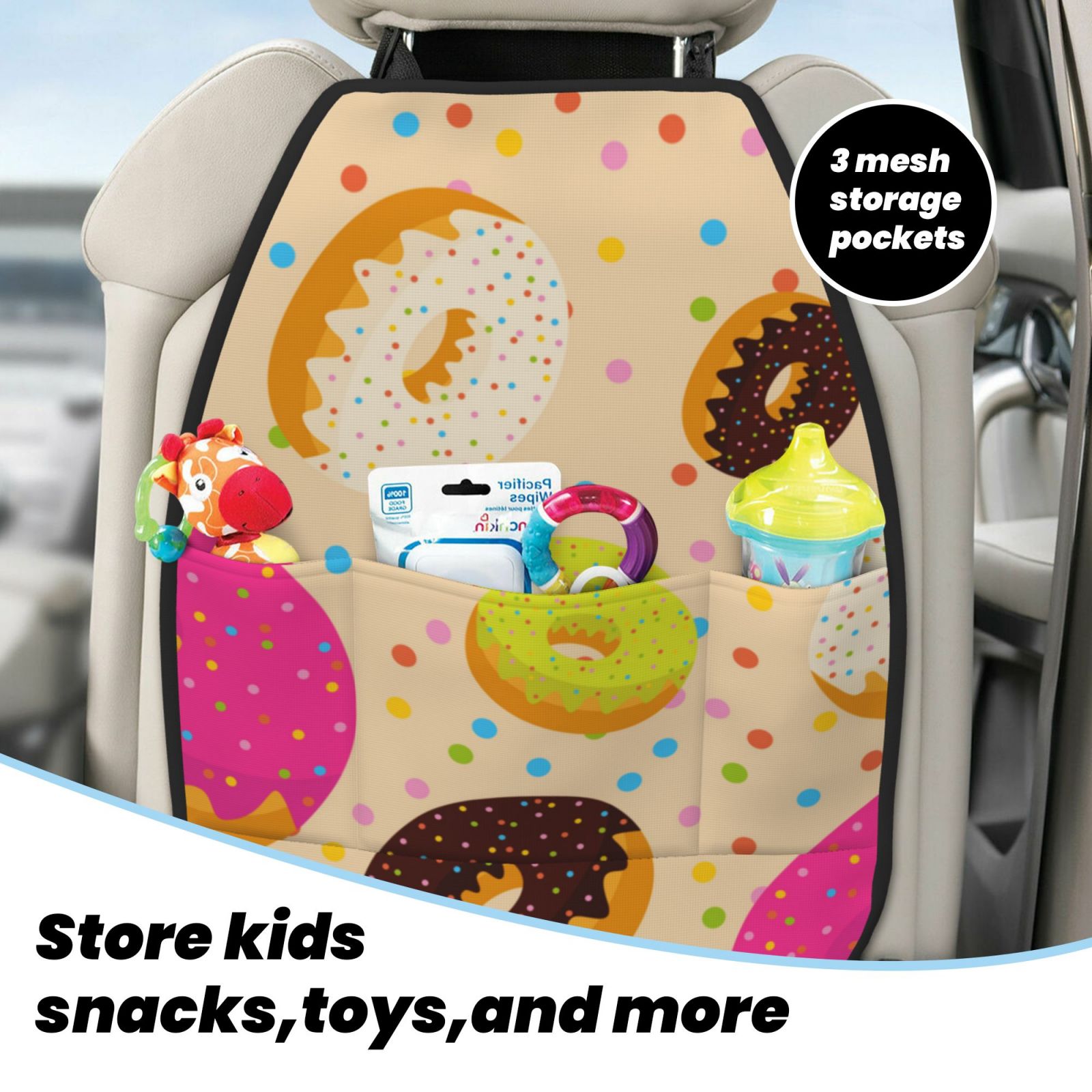 Xecao Donuts Pattern Car Seat Back Protector 2 Pack Large Capacity Pocket, Kick Mats Back Seat Protector