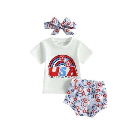 

3Pcs Baby Girl 4th of July Outfit Summer Outfit USA Short Sleeve Romper and Stars Stripes Shorts Headband