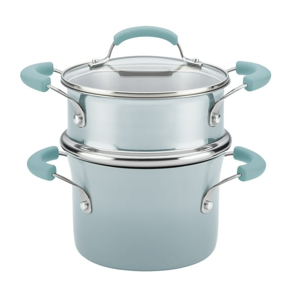 Rachael Ray Classic Brights Hard Enamel Nonstick 3-Quart Covered Steamer Set, Sky Blue
