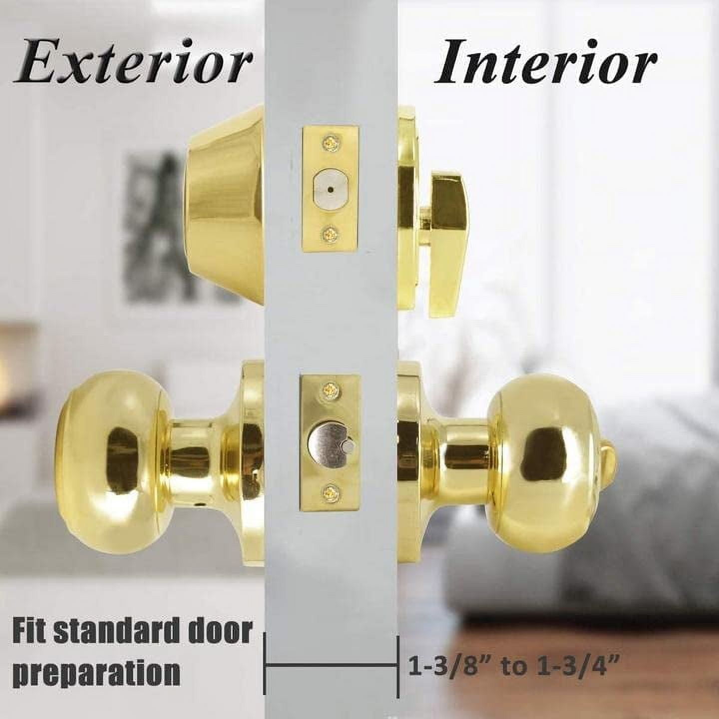 6 Pack Round Ball Entry Door Knobs and Single Cylinder Deadbolt Combo Sets for Exterior Door, Polished Brass, Keyed Alike
