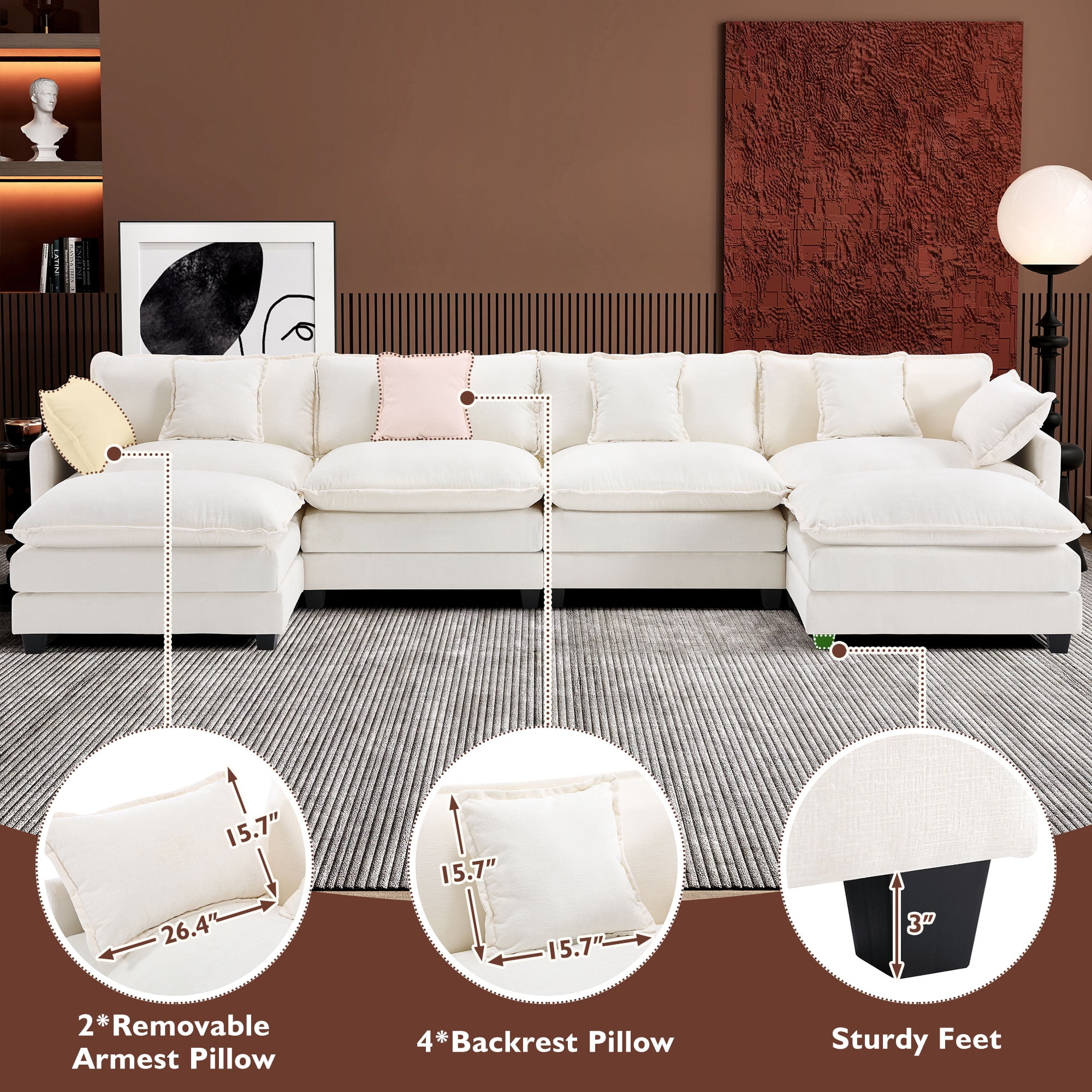 BedLuxury 146.5'' U shape Modular Sectional Sofa with Movable Ottomans, Modern Chenille Deep Seat Couches for Living Room, Apartment, Office, 4-Seat, Beige
