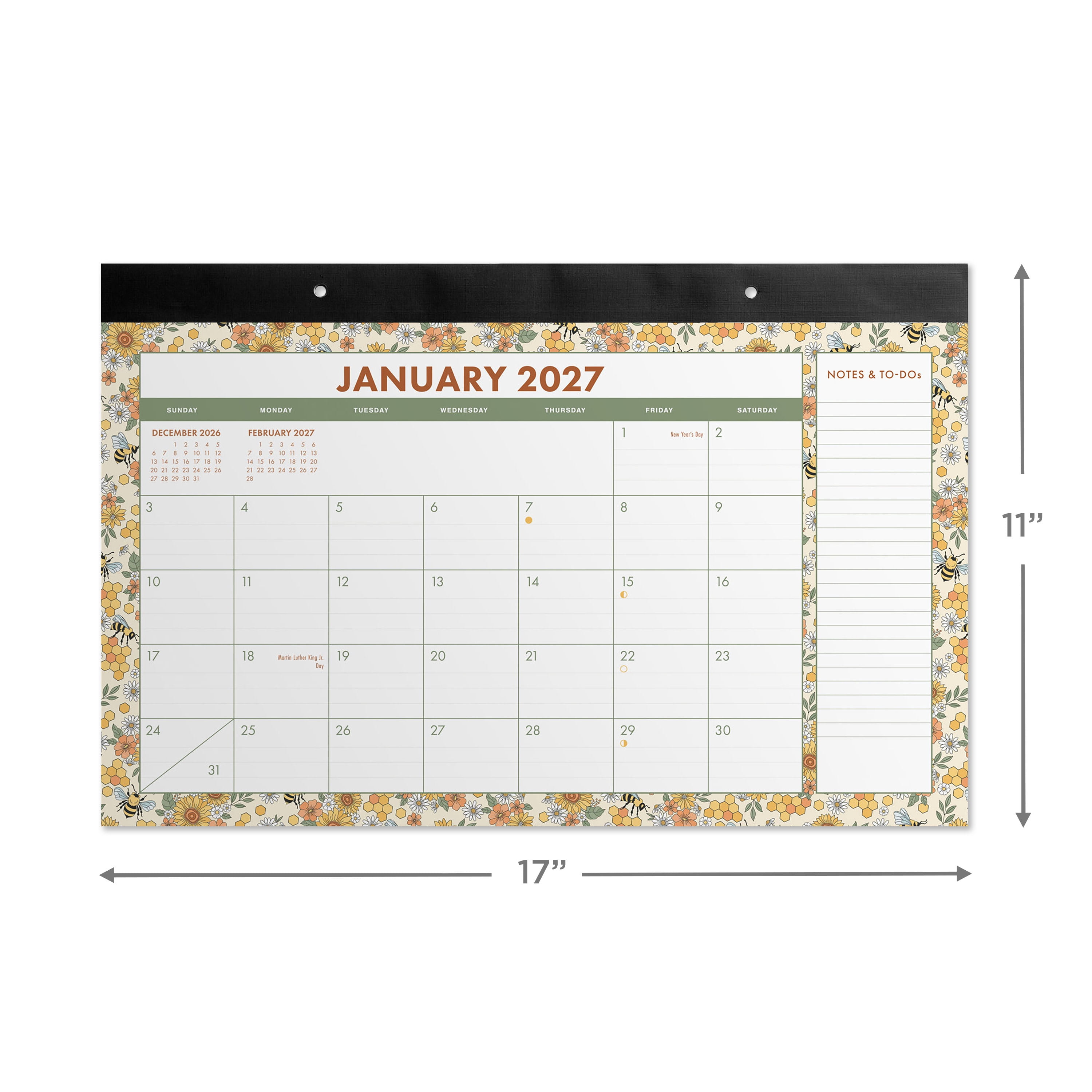Pen+Gear Monthly Desk Pad Calendar 17x11 Bees Design January 2027-December 2027