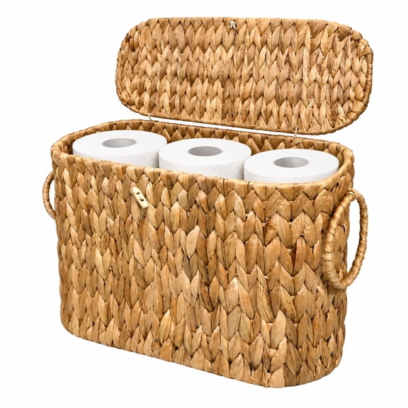 Toilet Paper Basket with Lid, 1 Pack Wicker Basket for Bathroom Organizers and Storage, Holds 6 Mega Rolls, Natural Water Hyacinth Toilet Paper Holder & Decorative Hand-Woven Rattan Accessories