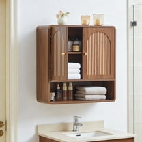 Wirrytor Fluted Wooden Medicine Cabinet Storage, Brown Bathroom Wall Cabinet with 2 Doors Adjustable Shelf and Towels Bar