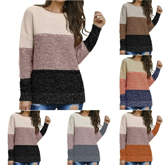 Ashirexll Sweaters for Women Trendy Pullover Sweaters Womens Casual Fashion Color Matching Pullover Long Sleeve Round Neck Sweater