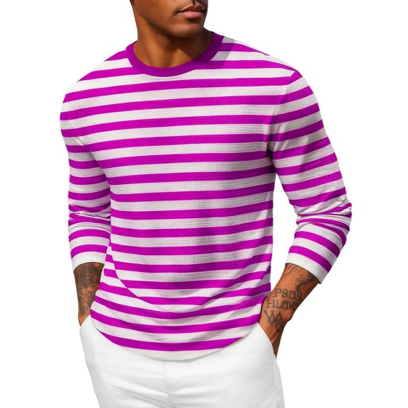 Shirt for Men, Men's Casual Shirts Striped Crewneck Long-Sleeve T-Shirt Basic Pullover Stripe tee Shirt Hot Pink M