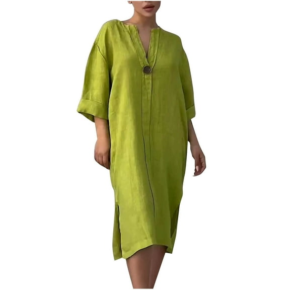 hotojiny Summer Dresses for Women Cotton Linen V Neck Plus Size Midi Dresses Casual Rolled 3/4 Sleeve Split Beach Dresses