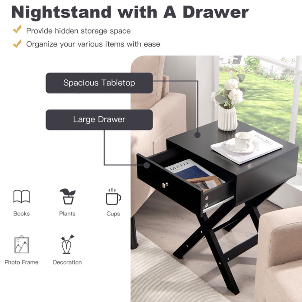 Finihen End Table, Modern X-Shaped Nightstand with Drawer, Bed Side Table, for Small Space, Living Room, Bedroom, Black Finihen End Table, Modern X-Shaped Nightstand with Drawer, Bed Side Table, for Small Space, Living Room, Bedroom, Black