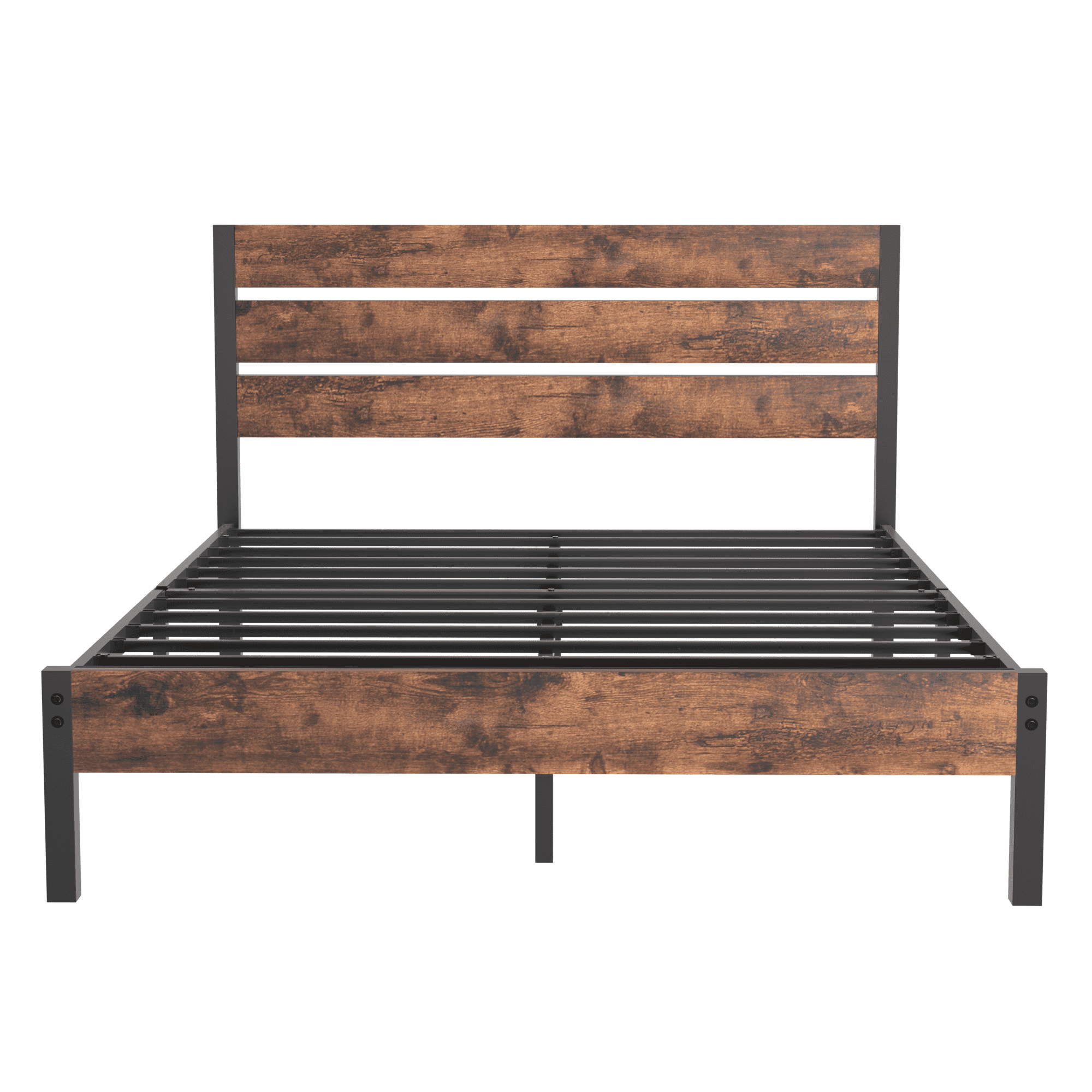 Katkuca Full Size Metal Bed Frame, Industrial Platform Bed with Wood Headboard and Footboard, Heavy-Duty Metal Mattress Foundation, Easy Assembly, No Box Spring Needed, Rustic Brown