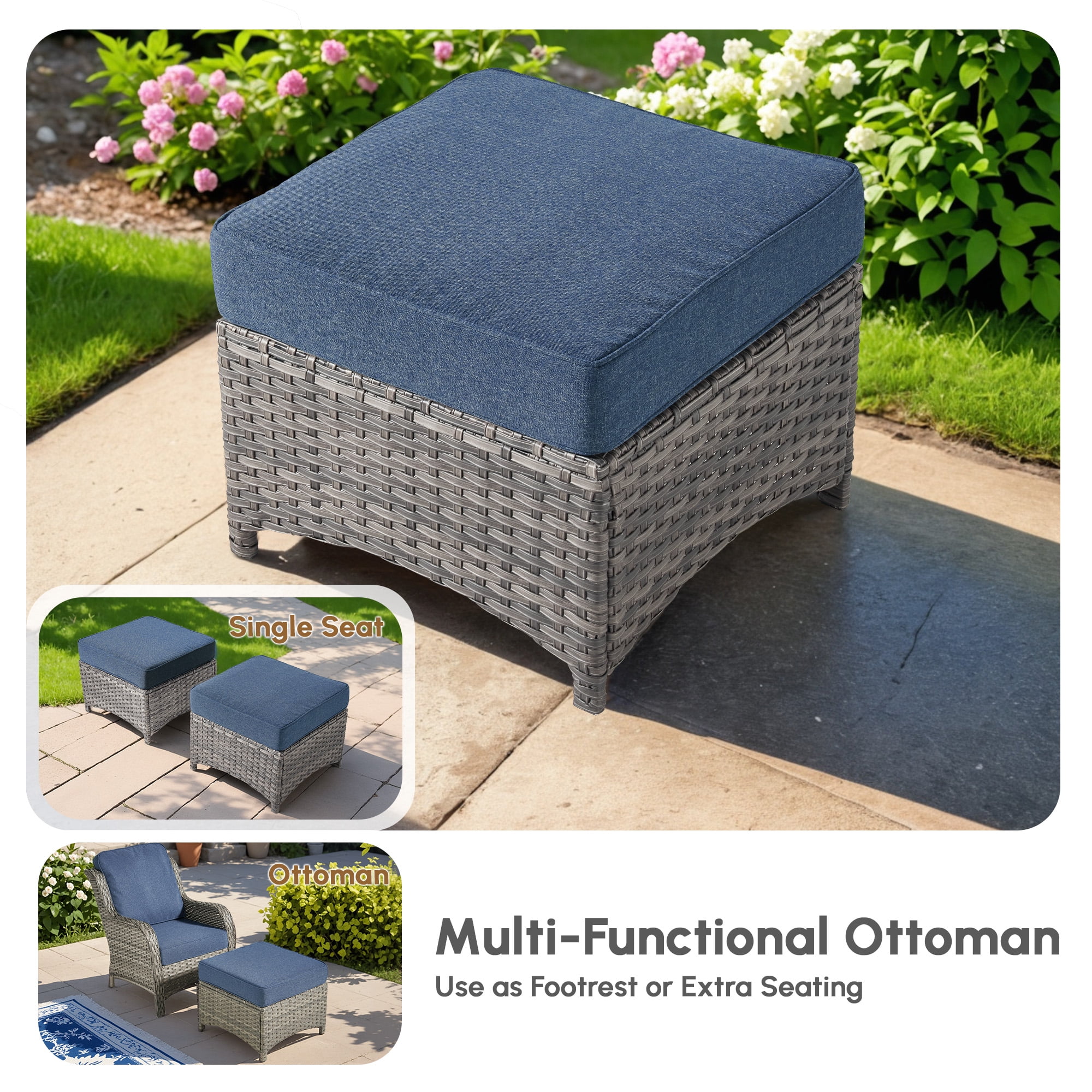 Ovios 7 Pieces Patio Furniture Set High Back All-Weather Wicker Sectional Outdoor Conversation Set with Swivel Chairs & Solar-Powered Coffee Table for Deck, Backyard, or Garden, Denim blue