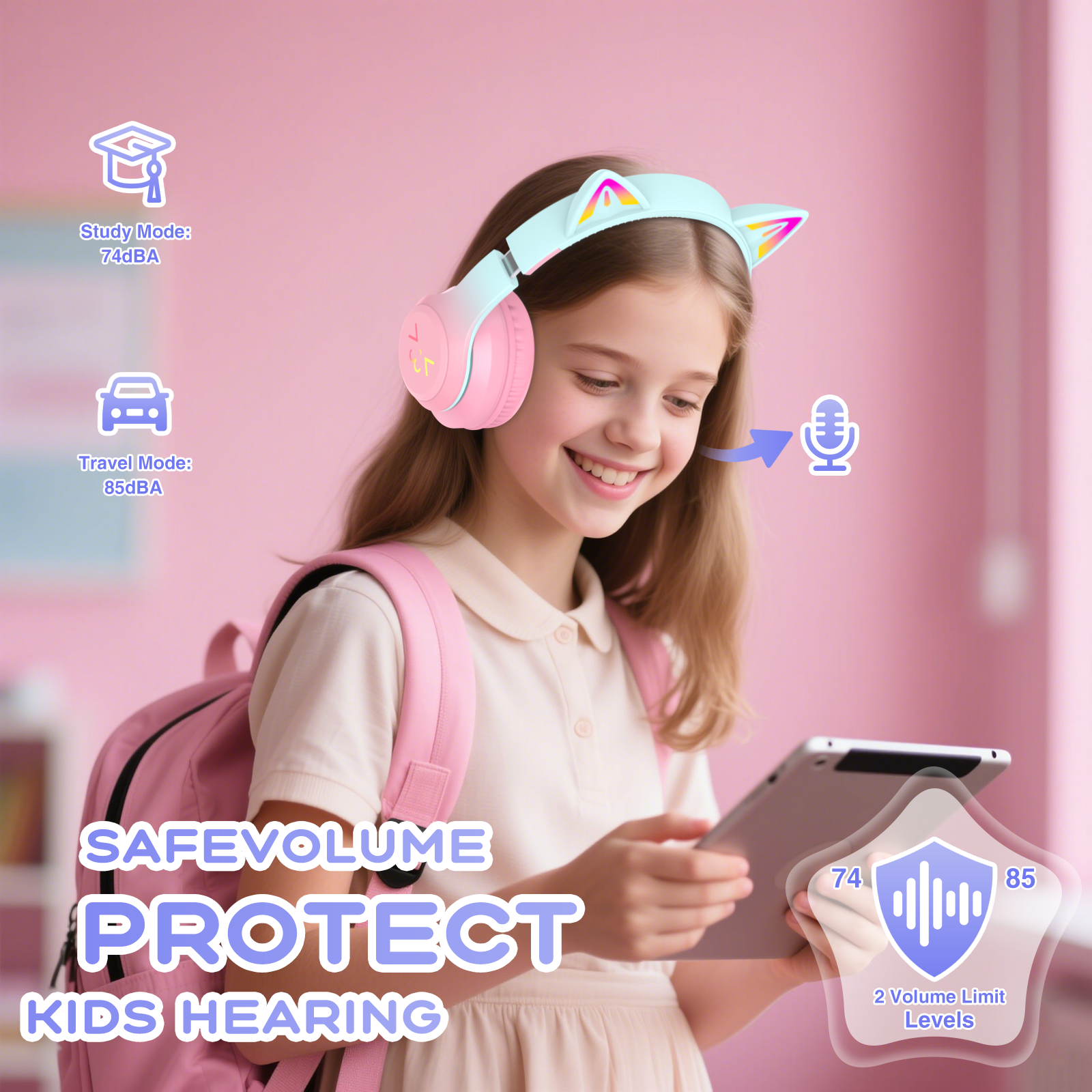 Hoey Cat Ear Kids Bluetooth Headphones, Pink photo 6