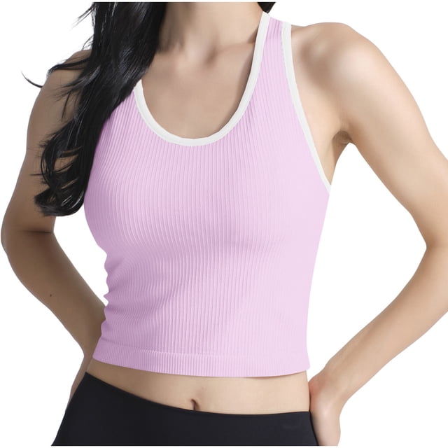 Besolor Summer Tank Tops for Women Ribbed Knit Color Block Crewneck Sleeveless Slim Fitting Comfy Running Workout Top