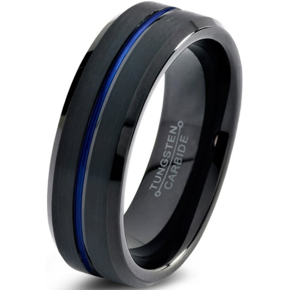 P. Manoukian Tungsten Wedding Band Ring 6mm for Men Women Black Blue Center Line Beveled Edge Brushed Lifetime Guarantee Size 4