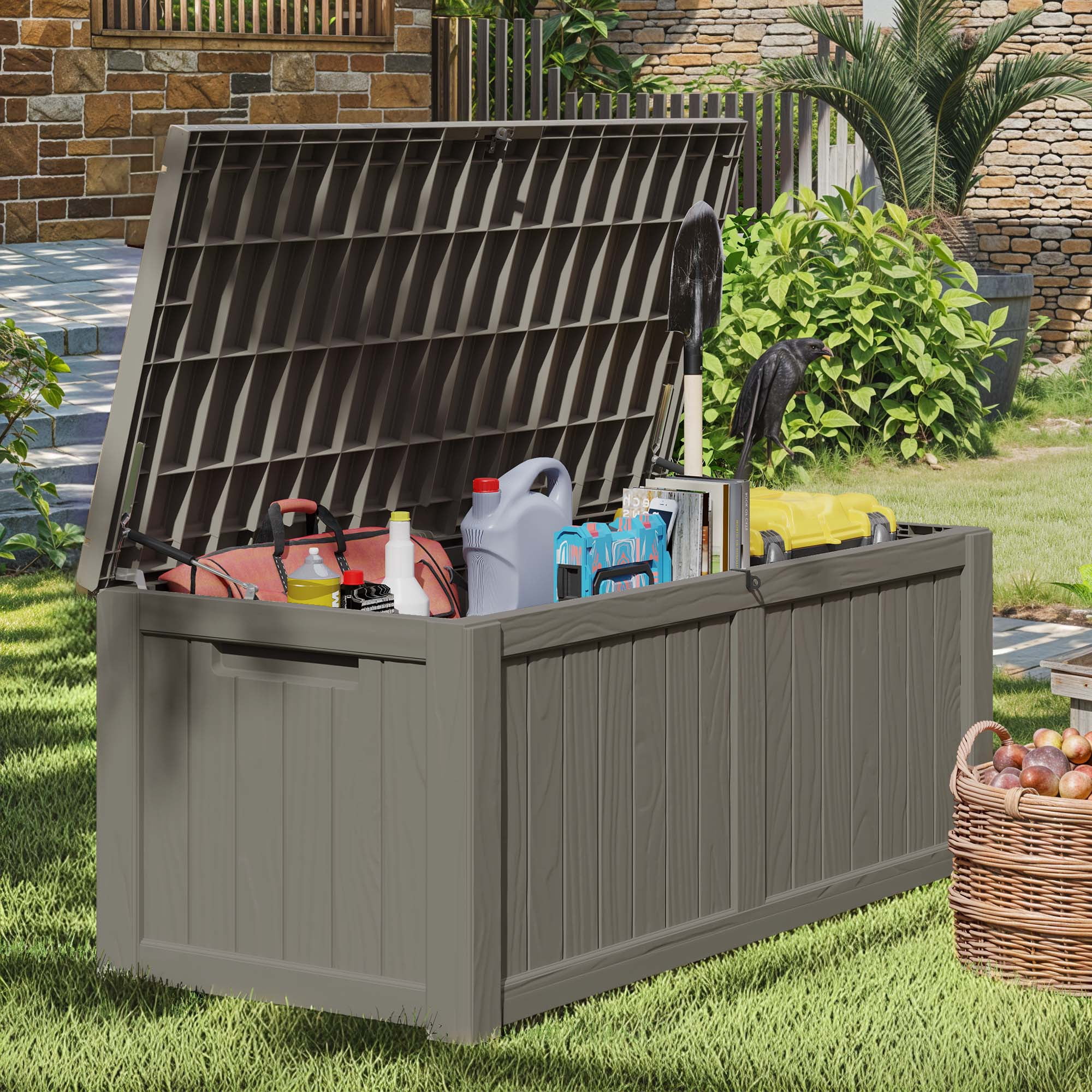 120-Gallon Light Brown Outdoor Storage Box - Weather-Resistant Resin Bin for Toys, Tools, and Blankets with Extra Seating and Easy-Move Handles