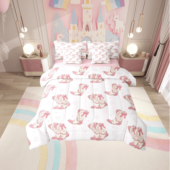 Erosebridal Pink Boots Bedding Sets Twin Size,Geometric Stripes Comforter Sets with Sheets,Western Cowgirl Bed in a Bag Twin size,Breathable Kawaii Bedroom Decoration,Reversible,7pcs