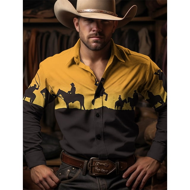 Camisa estilo occidental vintage para hombre, estilo vaquero con cactus, camisa estilo western, camisa informal de calle para exteriores, camisa de manga larga para otoño e invierno