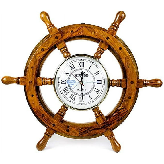 Nagina International Nautical Handcrafted Wooden Premium Wall Decor Wooden Clock Ship Wheels | Pirate's Accent | Maritime Decorative Time's Clock (48 Inches, Clock Size - 5 Inches)