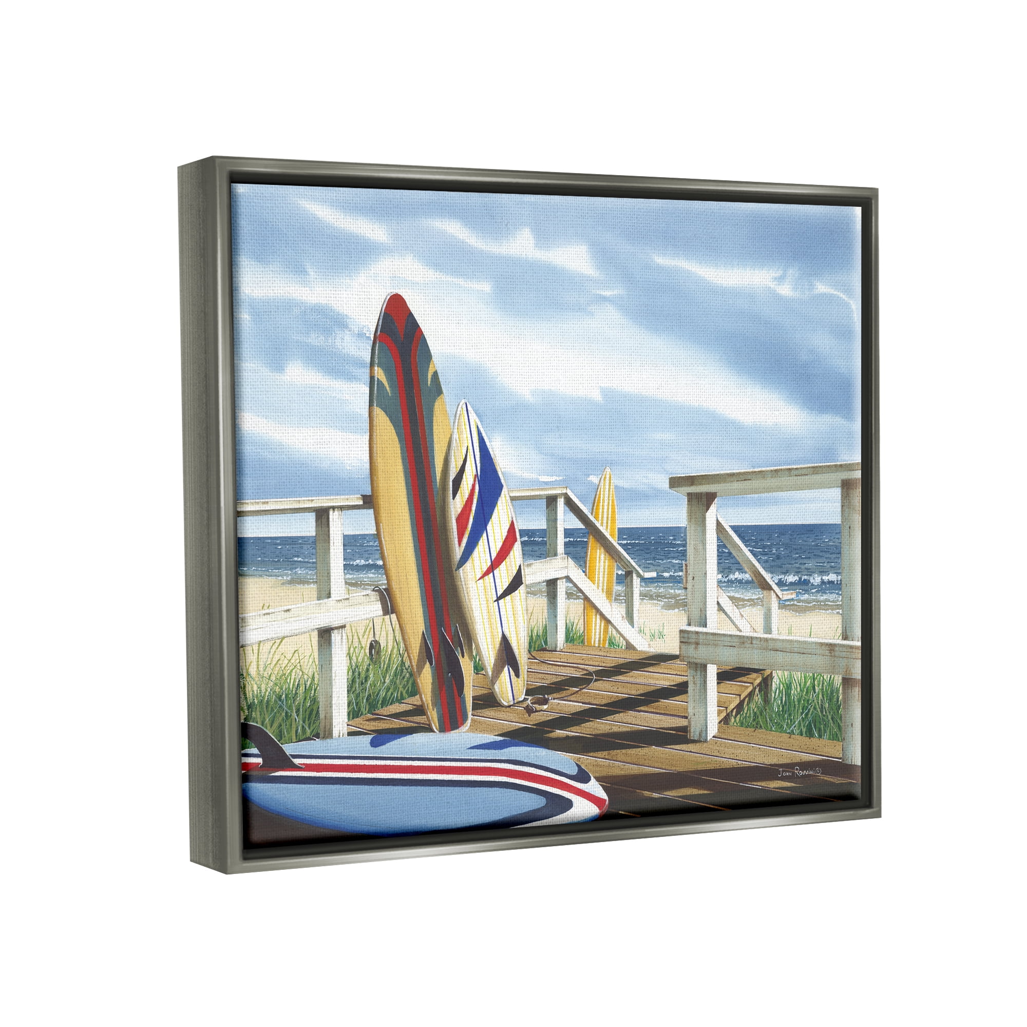Stupell Industries Surfboards on Beach Deck Nature Painting Gray Floater Framed Art Print Wall Art, 31 x 25