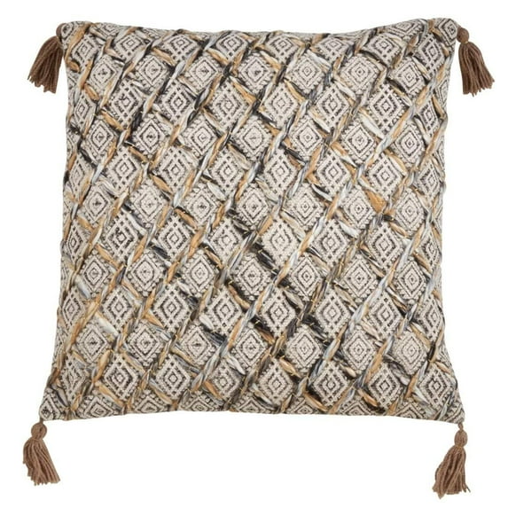 Fennco Styles Geometric Block Print Embroidered Cotton Decorative Throw Pillow Cover 22"x22", Woven Diamond